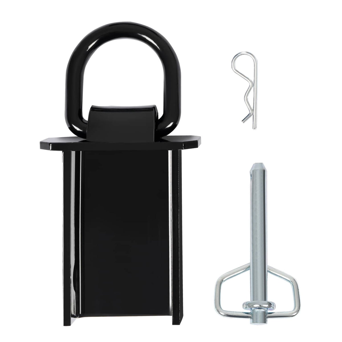 Stake pocket D-ring tie down with black body and silver mounting pin and clip