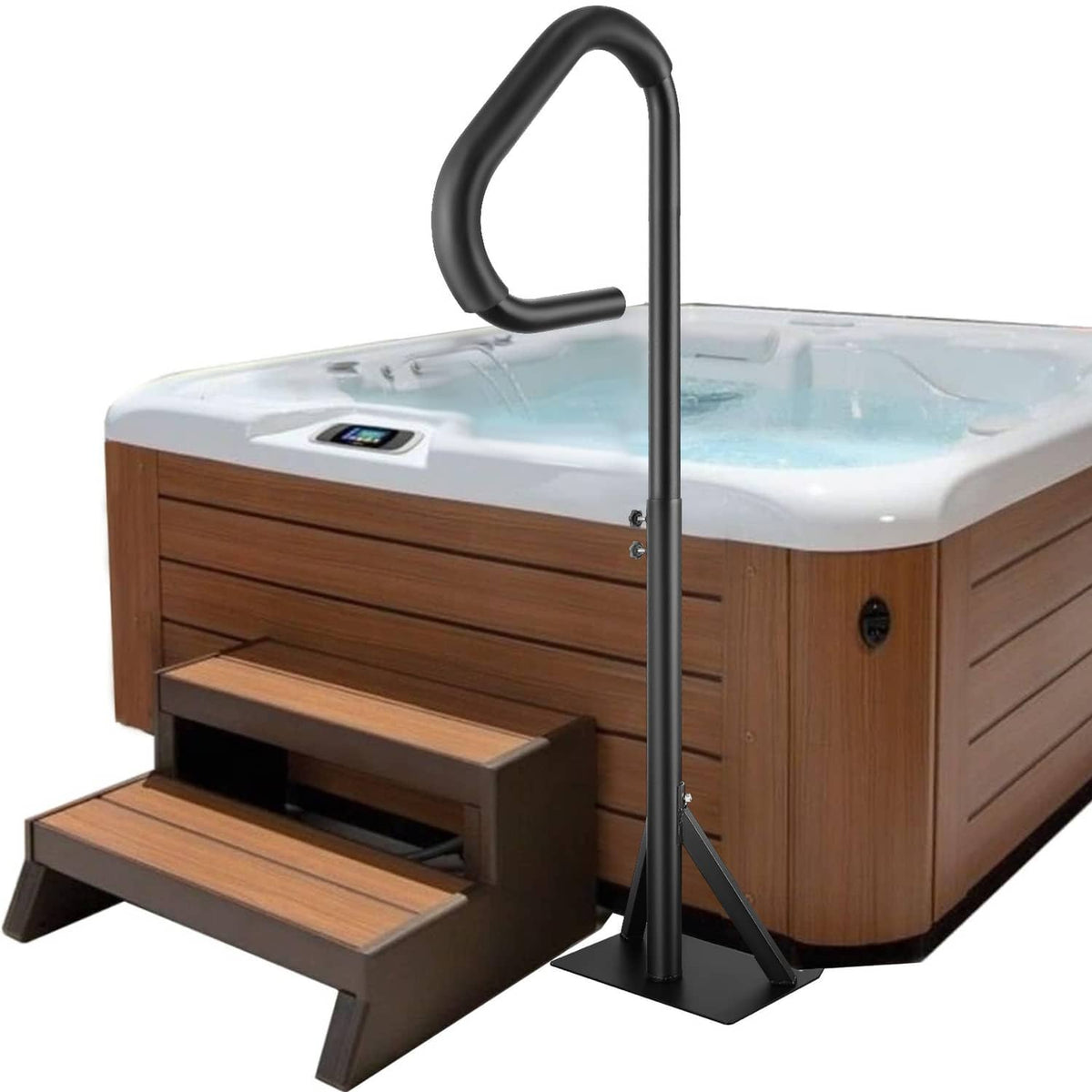 Black hot tub handrail with curved grip and freestanding base beside spa steps