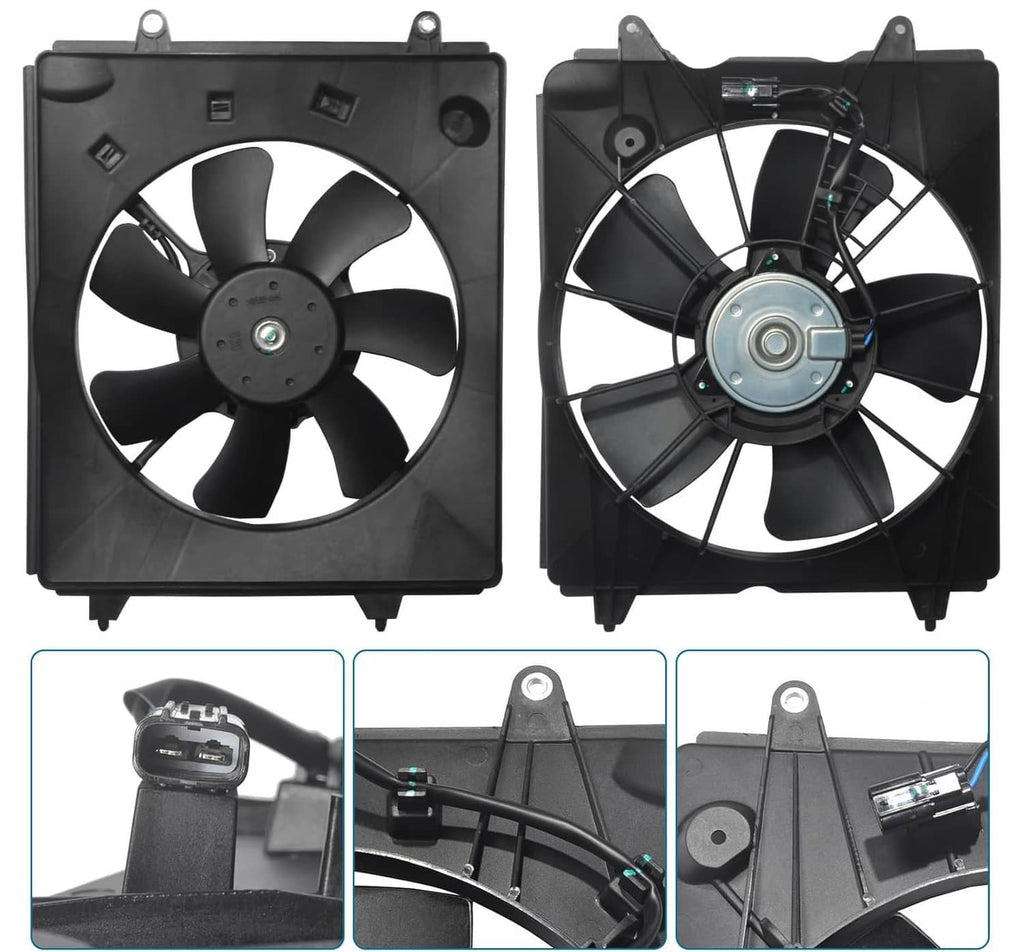 Radiator cooling fan assembly set showing black fan shrouds and blade wheels