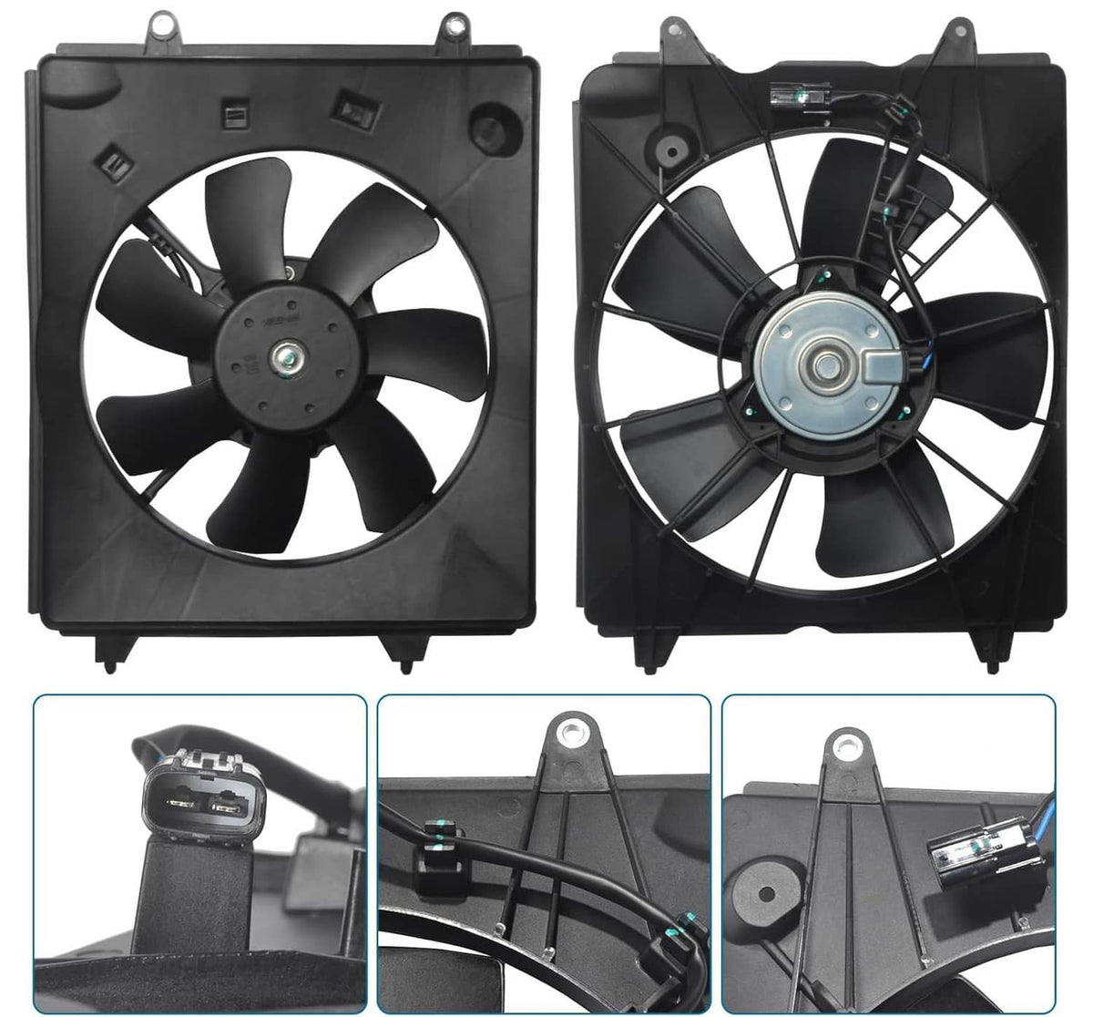 Radiator cooling fan assembly set showing black fan shrouds and blade wheels