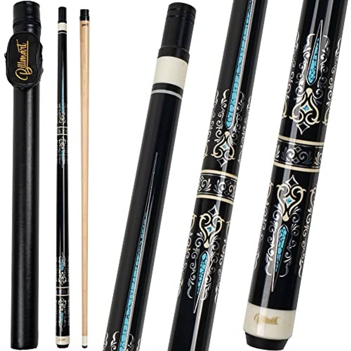 Black pool cue stick with ornate scrollwork shaft and blue inlay stripes