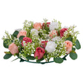 Artificial rose flower wreath ring set with peach, pink, white blooms and green leaves
