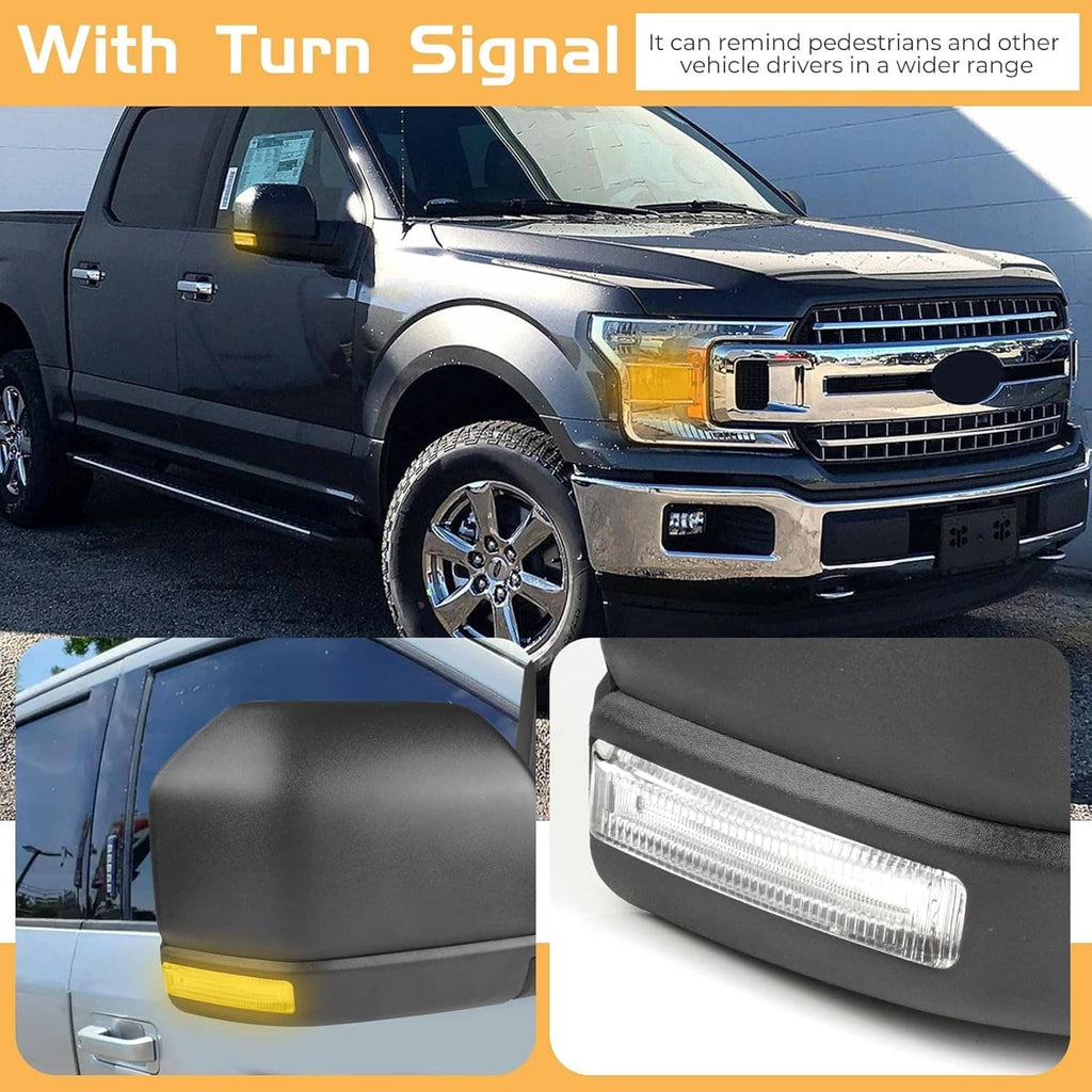 Heated passenger side mirror with turn signal light on black housing, replacement