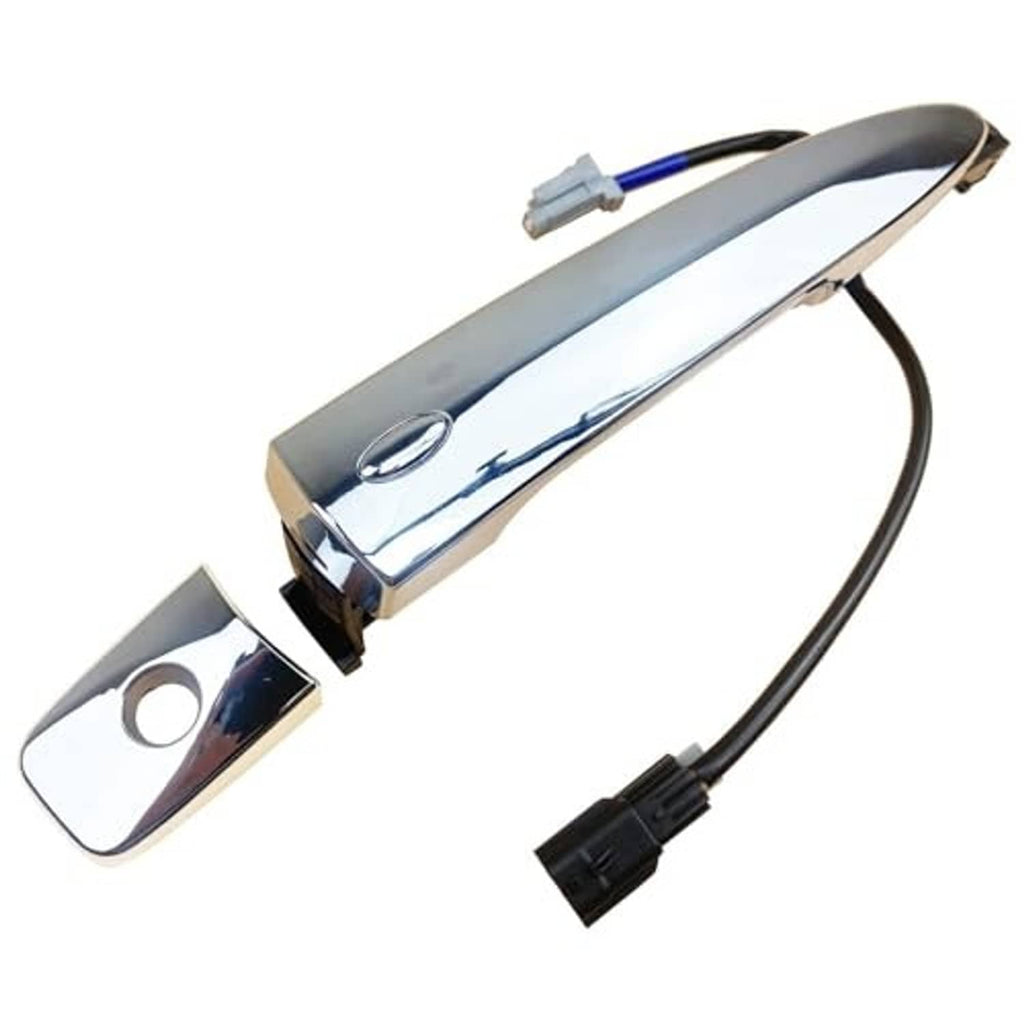 Exterior door handle assembly with chrome grip, mounting plate, and electrical connector
