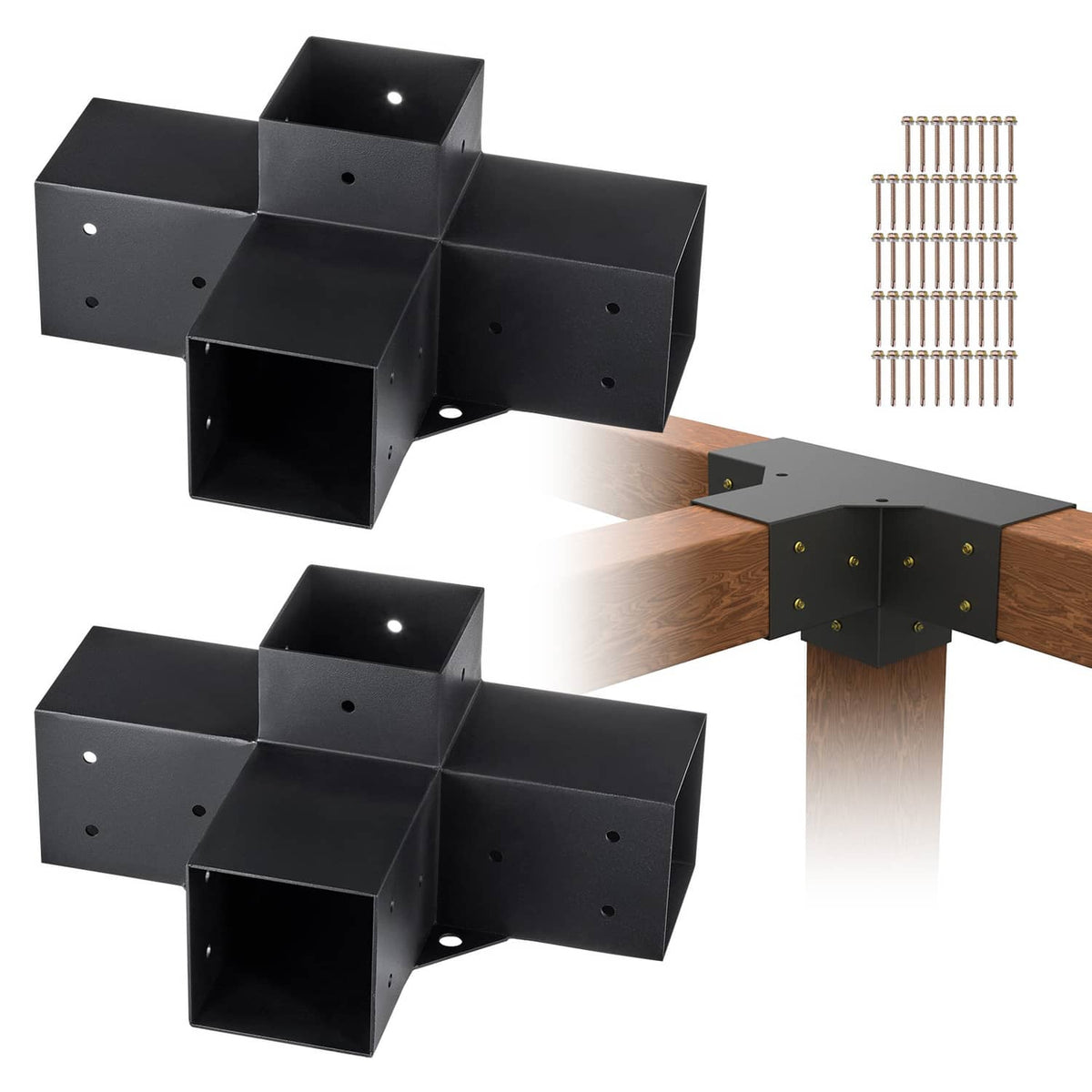 Black 4-way pergola corner brackets connecting to a wooden post, two pieces