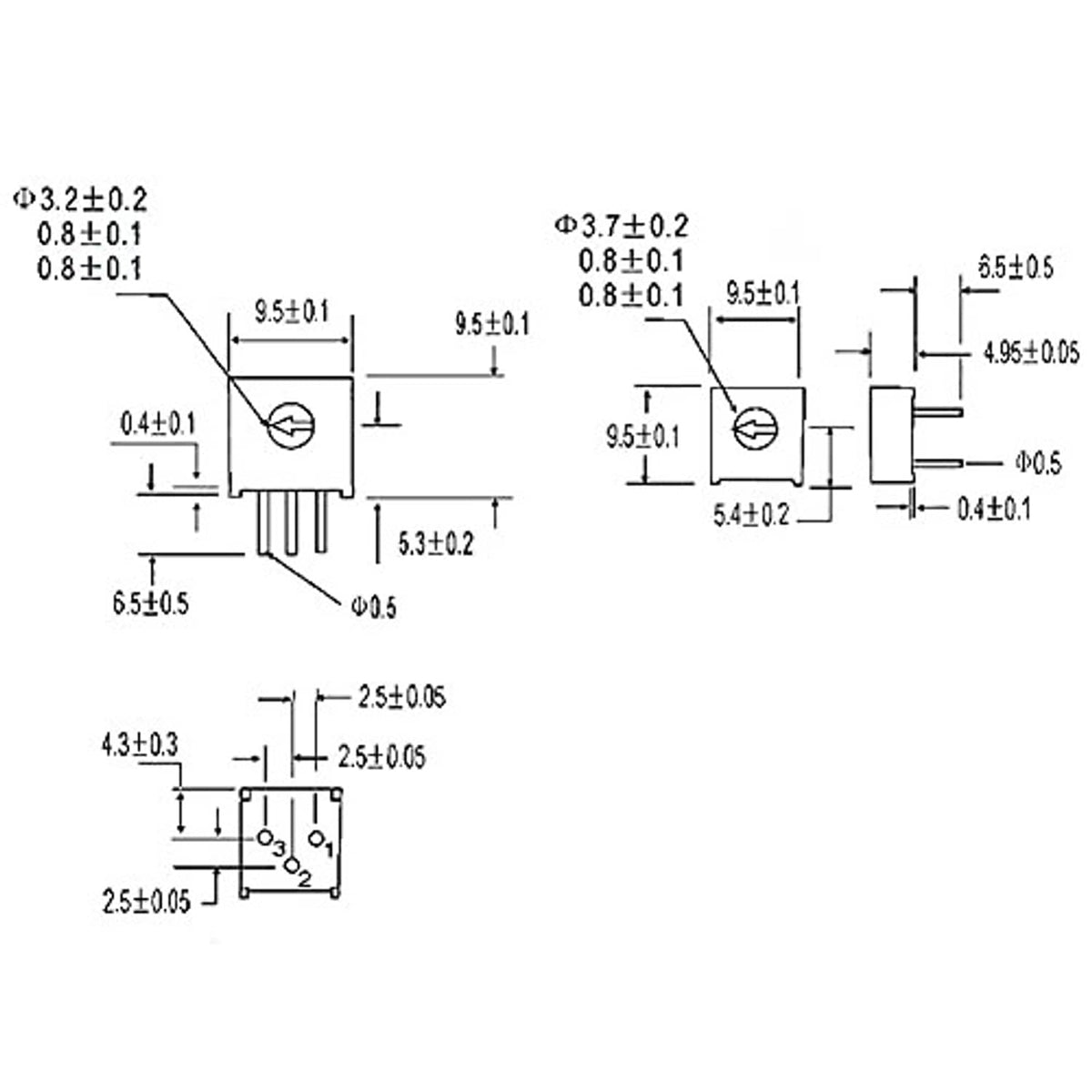 3-pin trimpot potentiometer size diagram with pin and body measurements