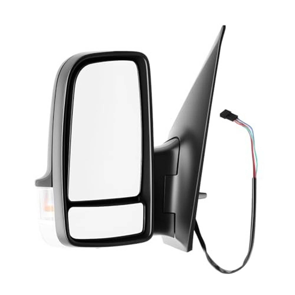 Left side mirror assembly with clear glass, black frame, and attached wiring harness