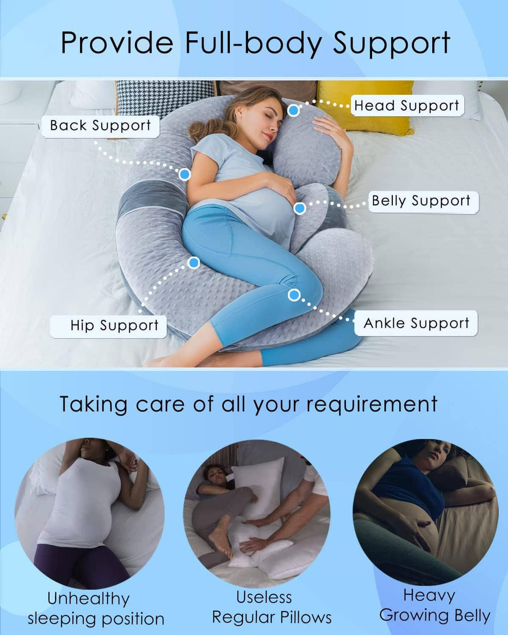 Gray full-body pregnancy pillow with blue belly bolster for back, hip, ankle, and head support