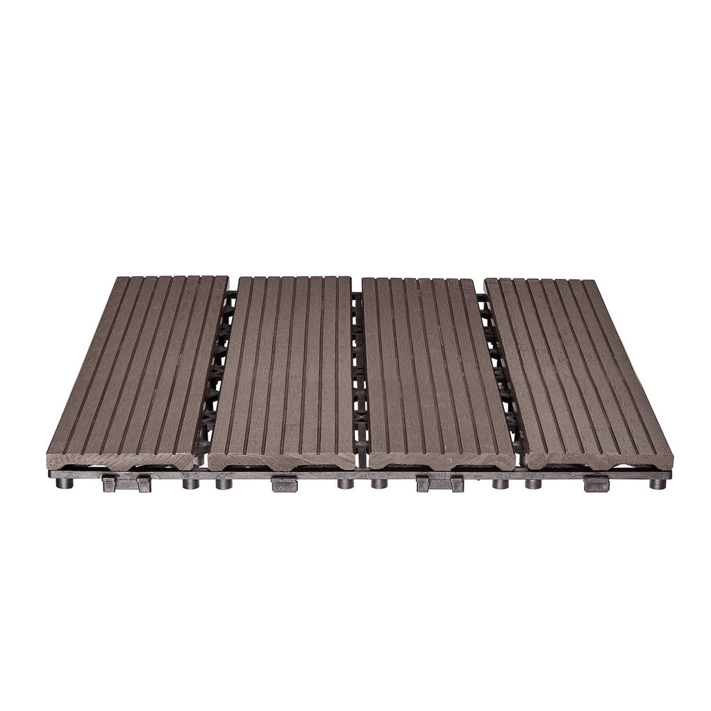 Interlocking deck tiles, brown wood-grain with snap-together underside feet