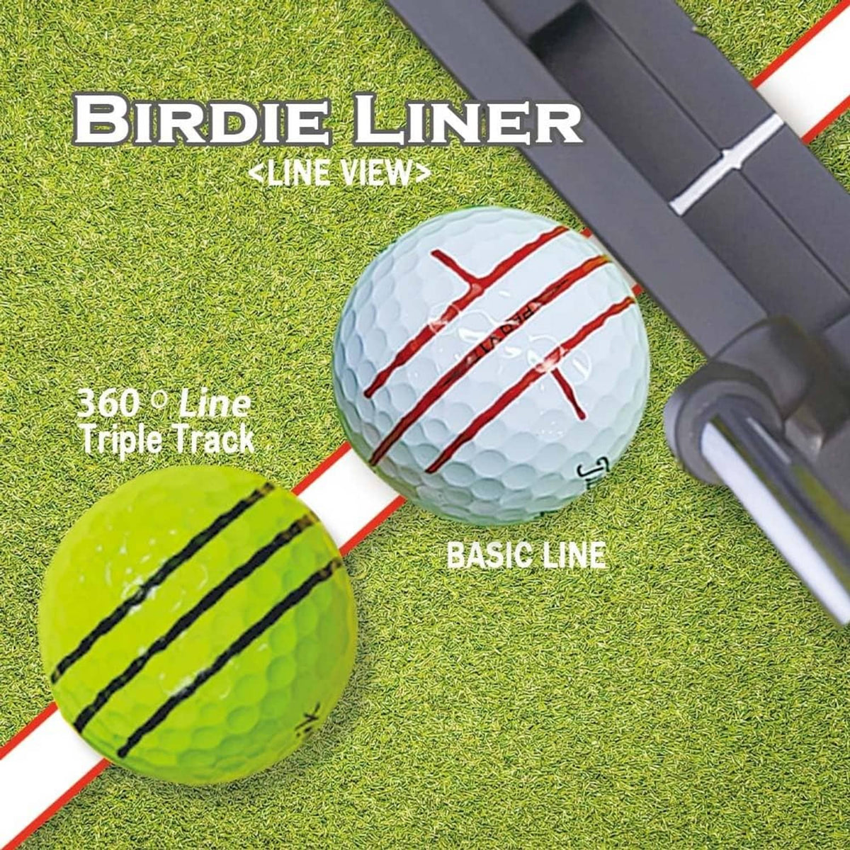 BIRDIE LINER ball alignment guide with white golf balls showing red line tracks