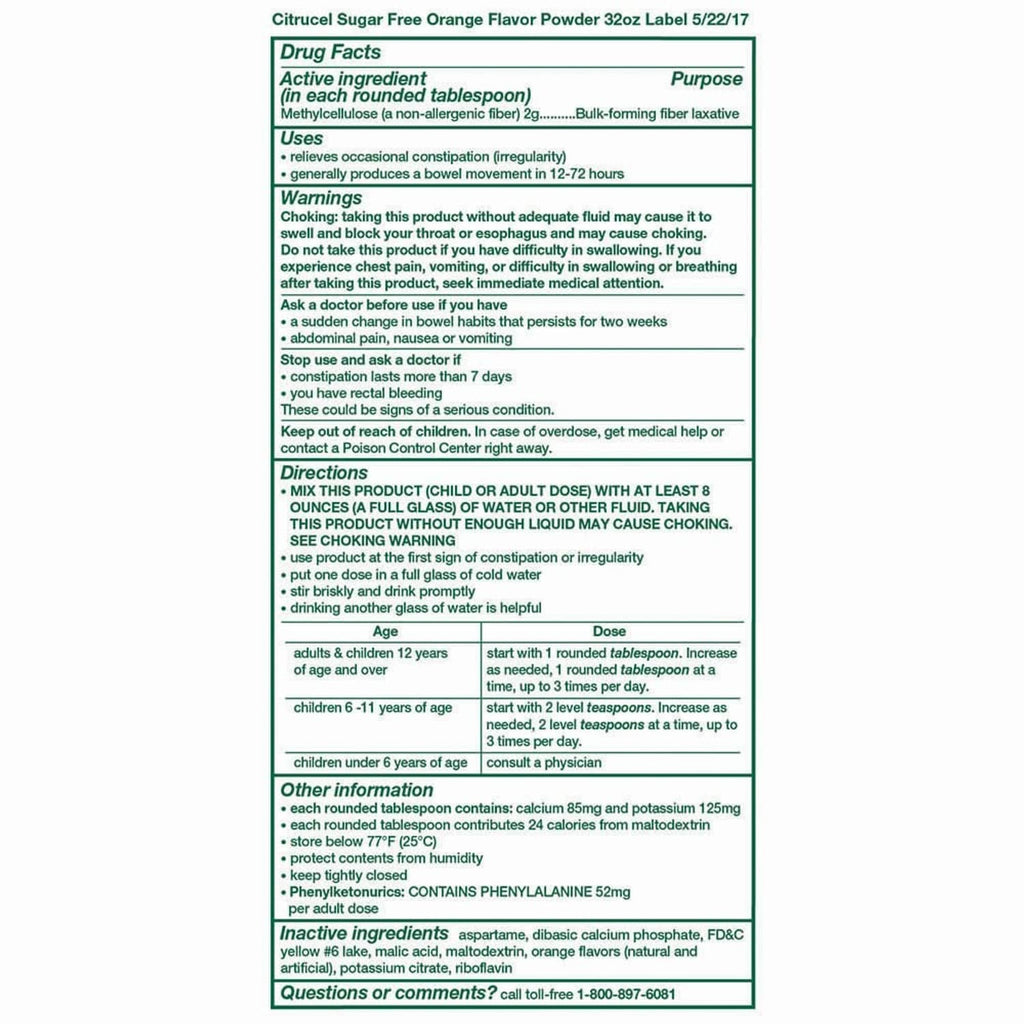 Citrucel sugar-free orange fiber powder supplement facts and directions panel