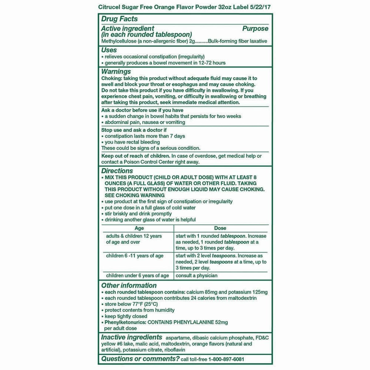 Citrucel sugar-free orange fiber powder supplement facts and directions panel