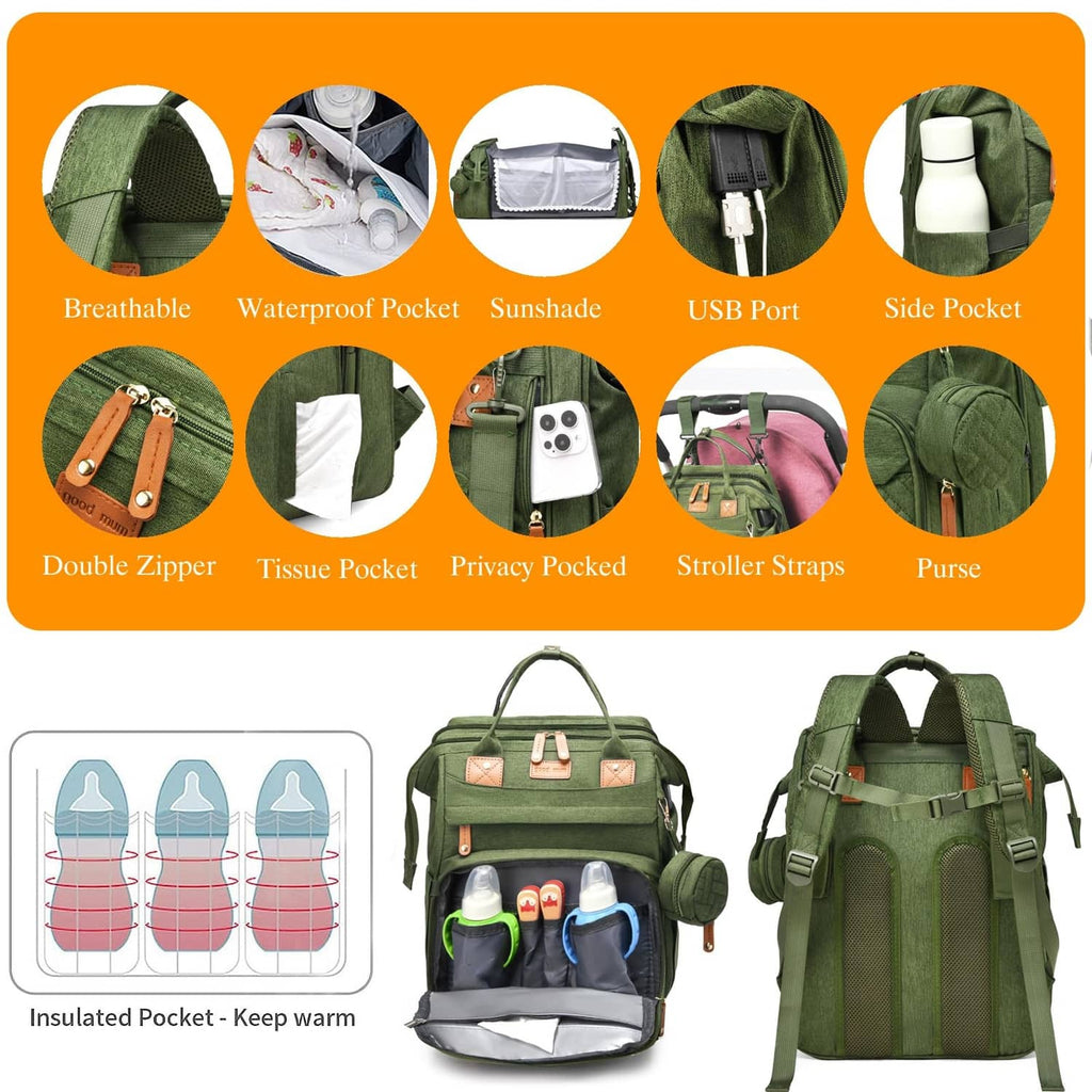 Green diaper bag with multiple compartments, insulated pocket, and USB port