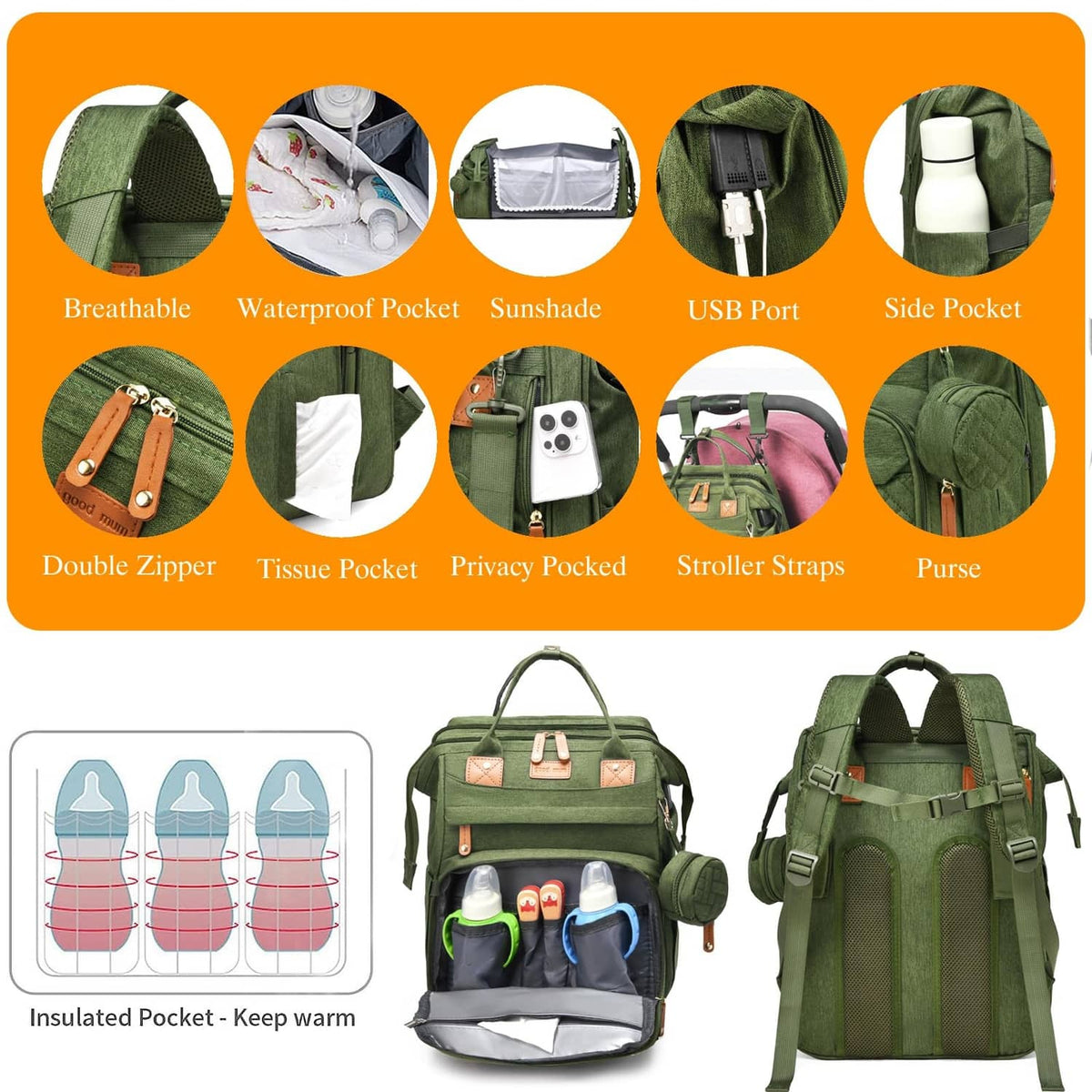 Green diaper bag with multiple compartments, insulated pocket, and USB port