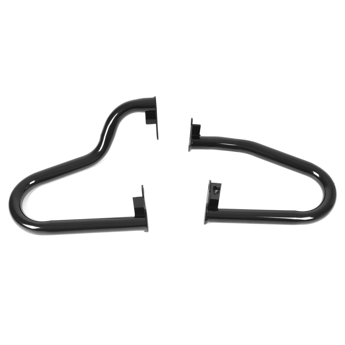 Black tubular crash bars for motorcycle engine protection, with mounting brackets attached