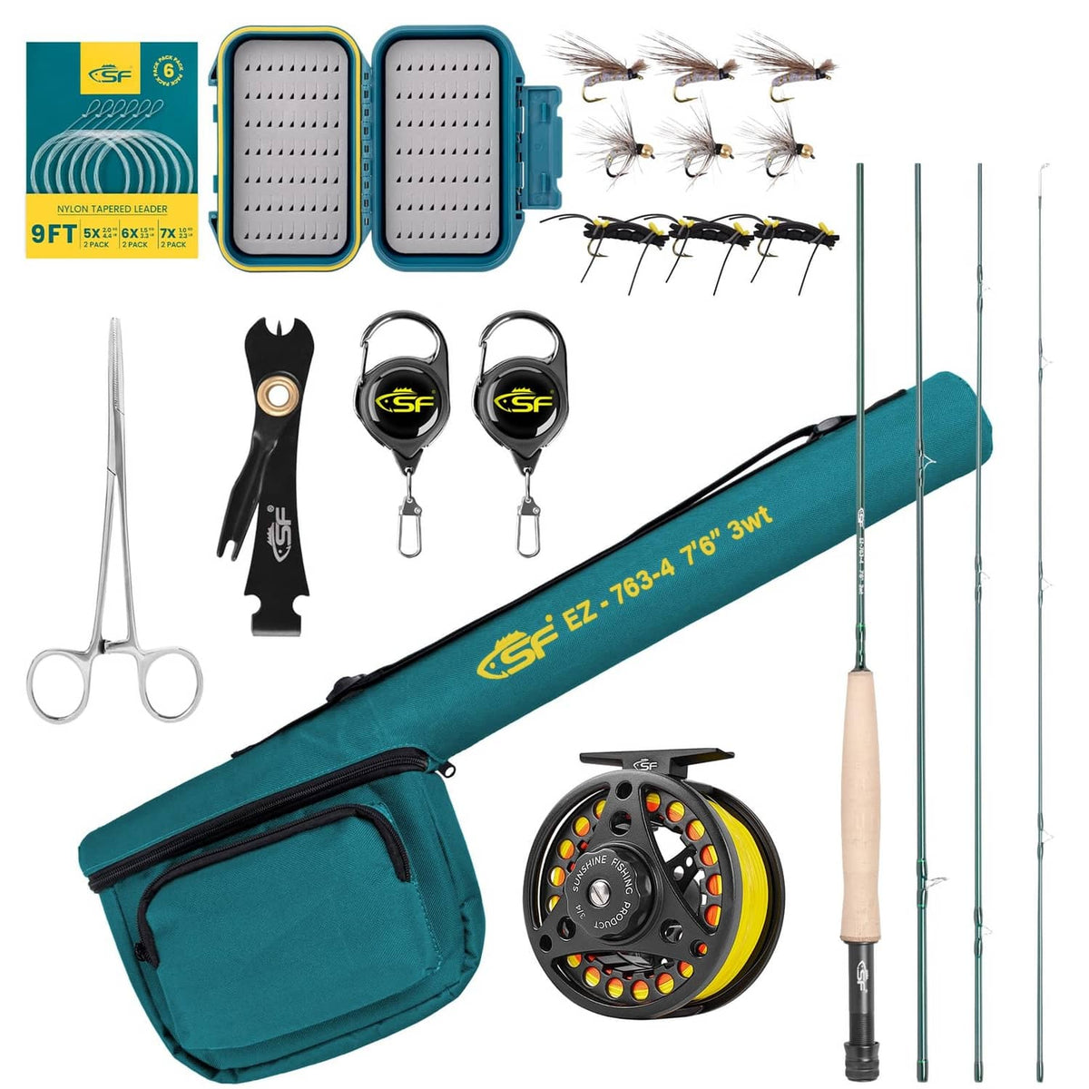 Emerald green fly fishing rod kit with reel, flies, scissors, leader and rod case