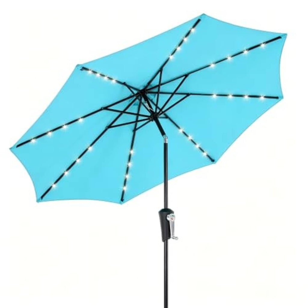 Turquoise solar patio umbrella with LED lights along ribs and black support pole