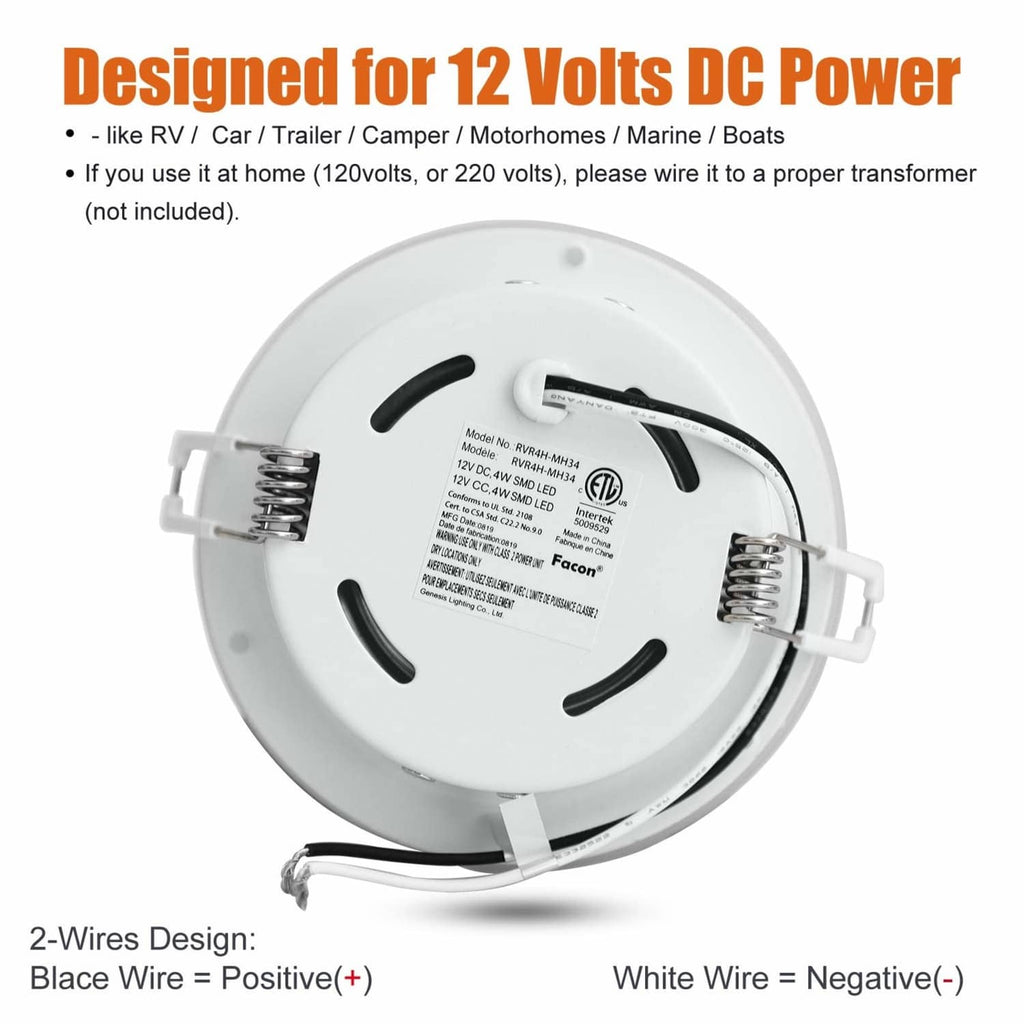 White recessed LED puck light underside with two-wire leads and spring clips