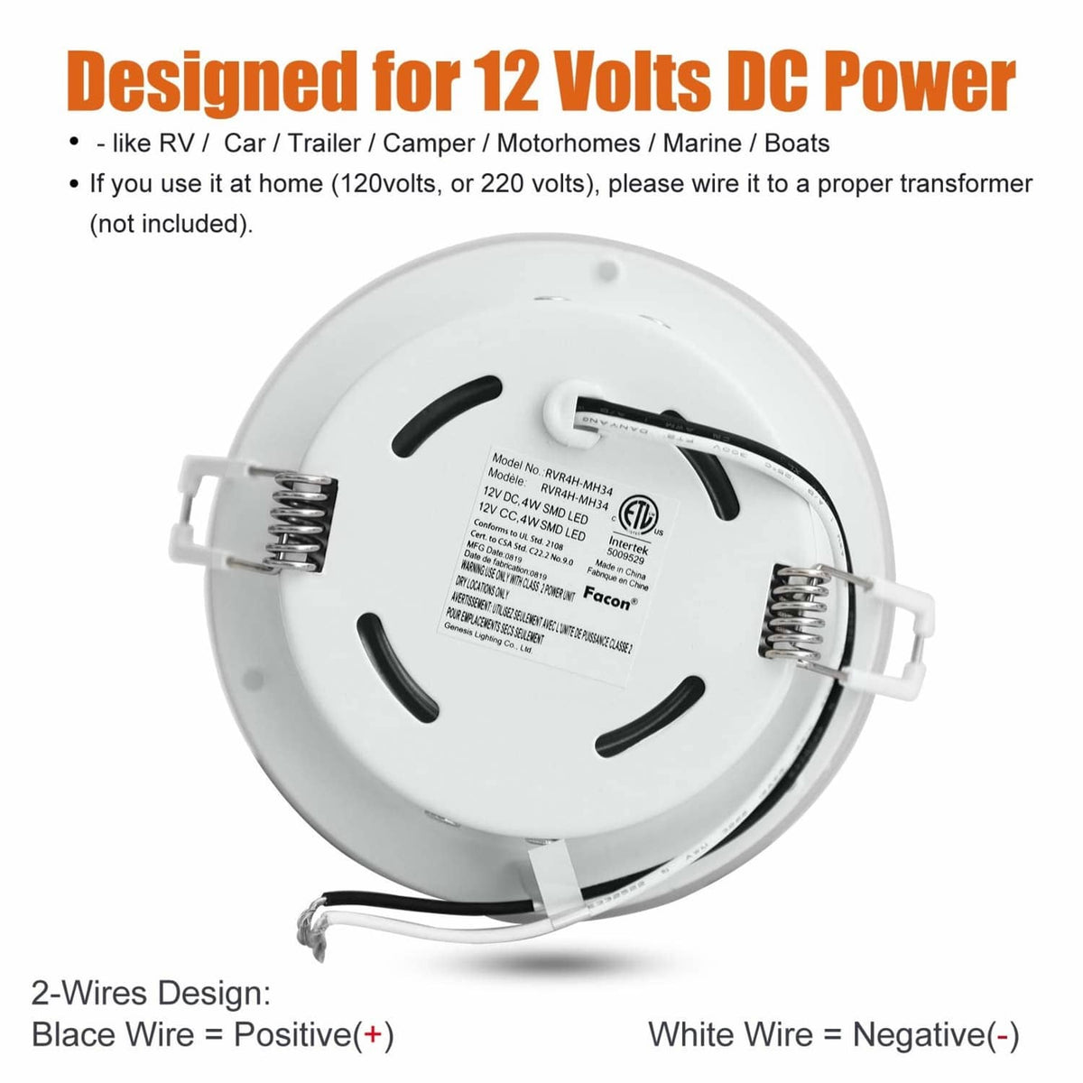 White recessed LED puck light underside with two-wire leads and spring clips