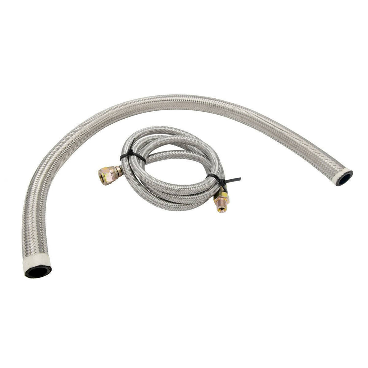 Braided oil feed and drain line with metal fittings and black hose ends