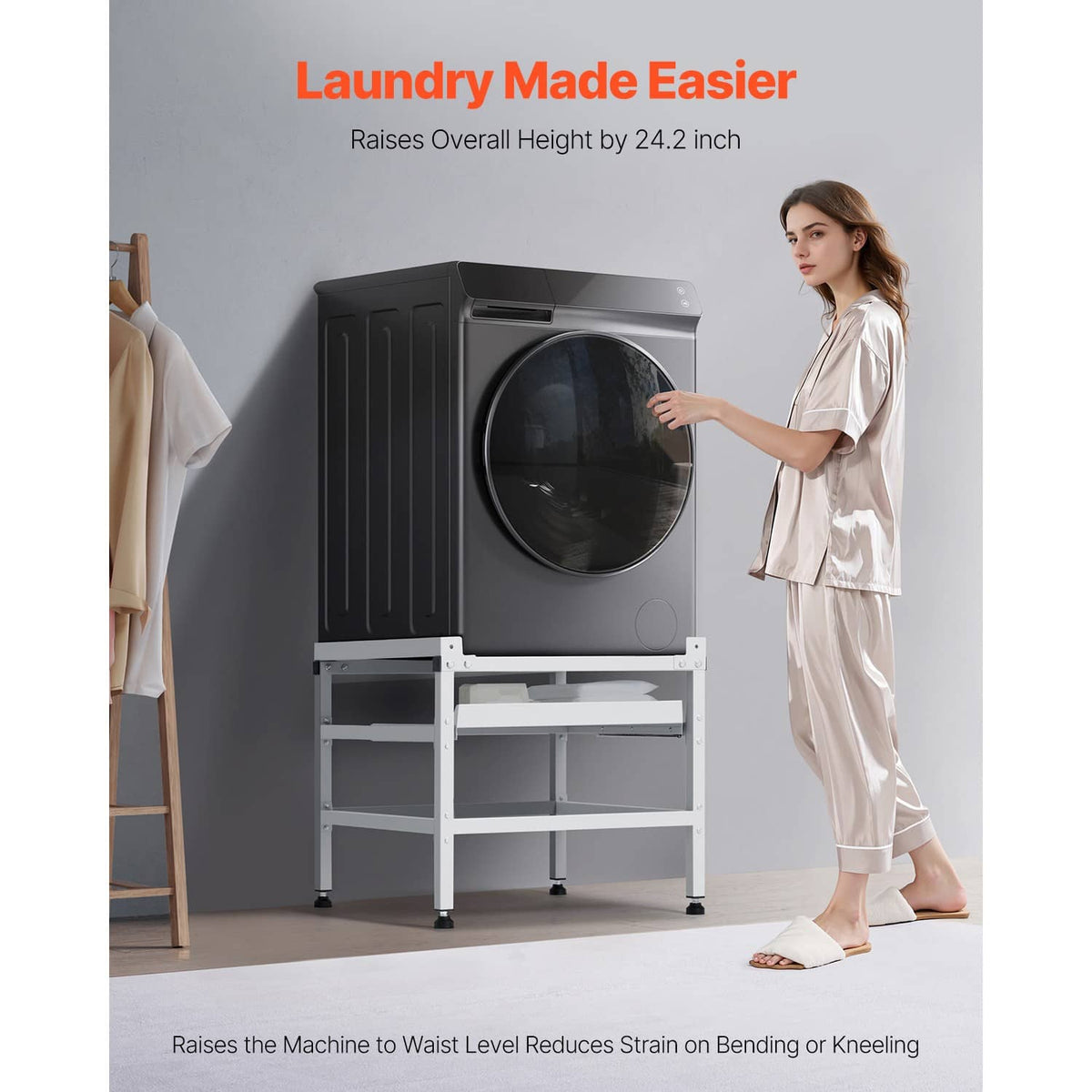 White laundry machine stand elevating a front-load washer with dual shelves