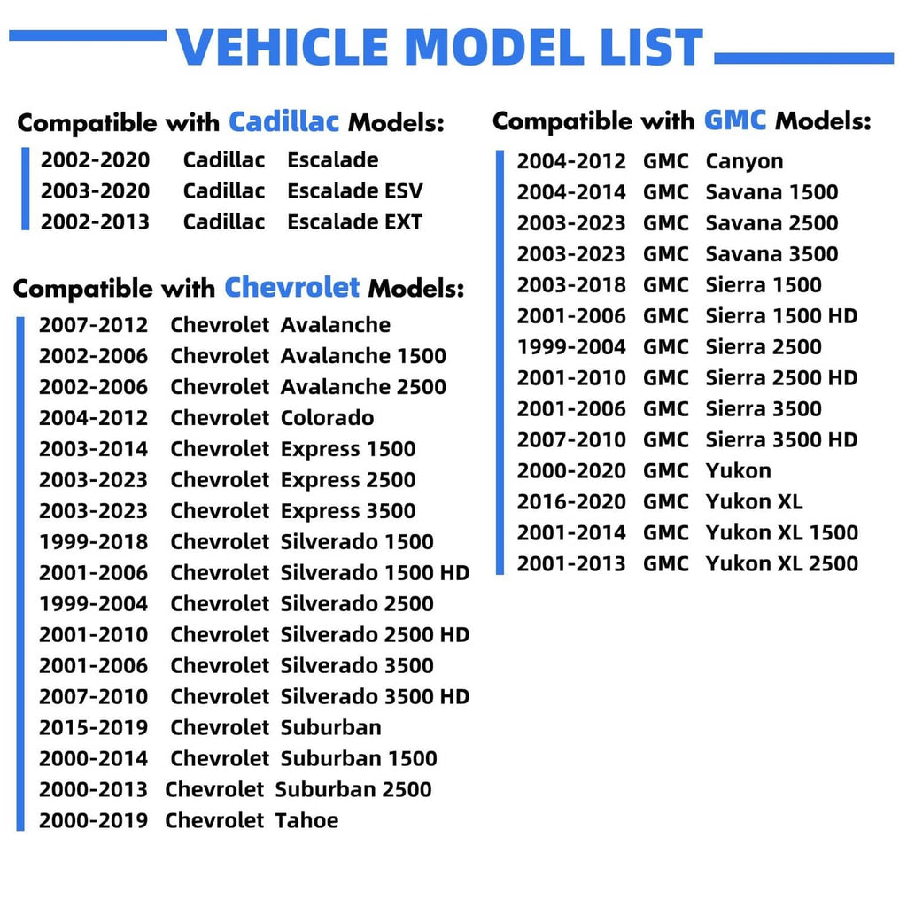 Vehicle model list for camber bolt kit compatibility with Cadillac, Chevrolet, GMC