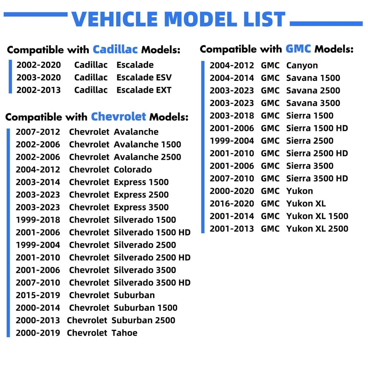 Vehicle model list for camber bolt kit compatibility with Cadillac, Chevrolet, GMC