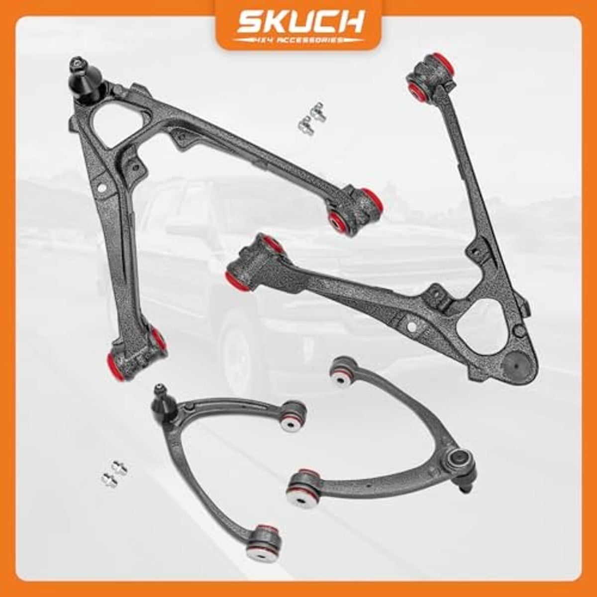 Packaged front upper and lower control arm set with red bushing ends and ball joints