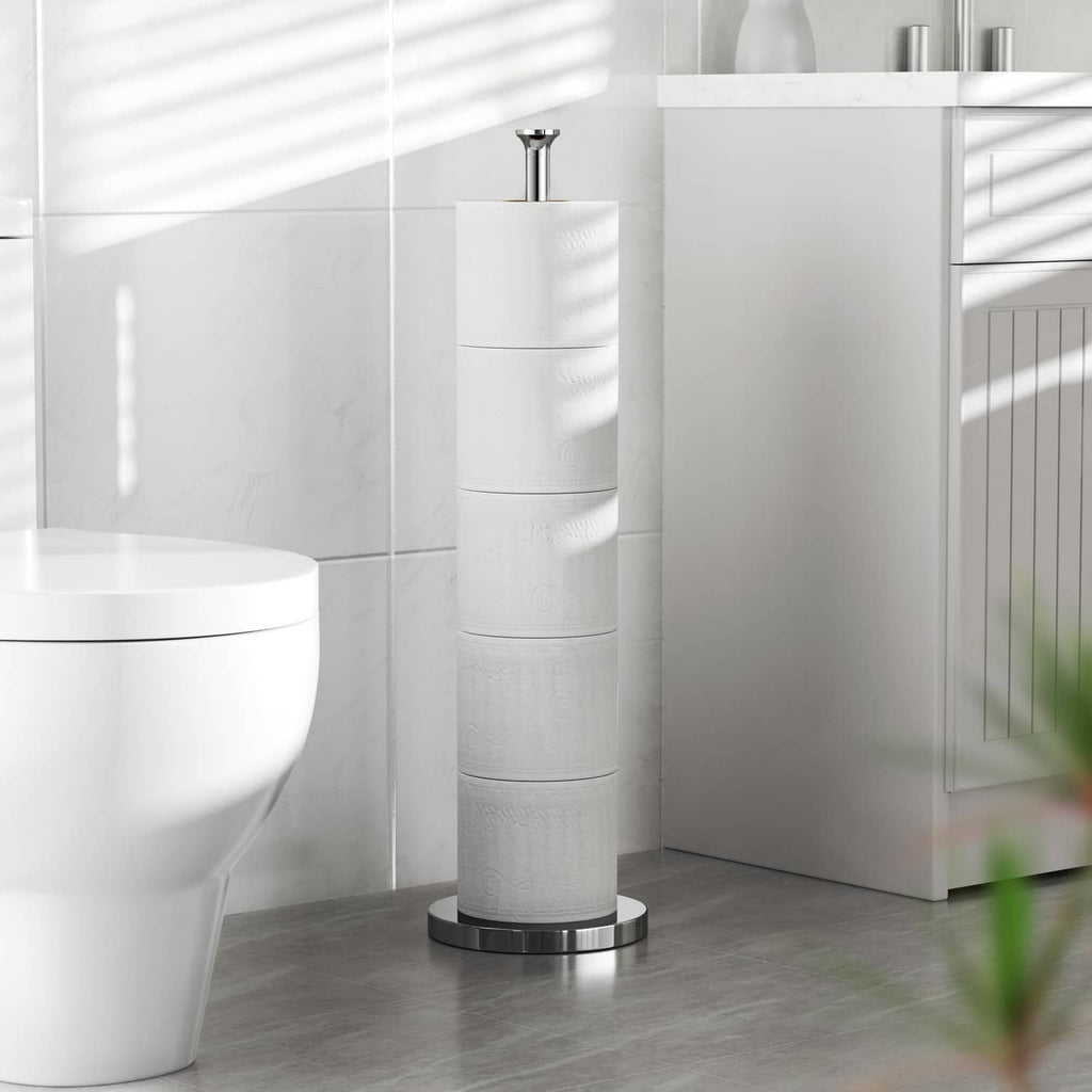 Freestanding chrome toilet paper holder stand with tall roll tower and base