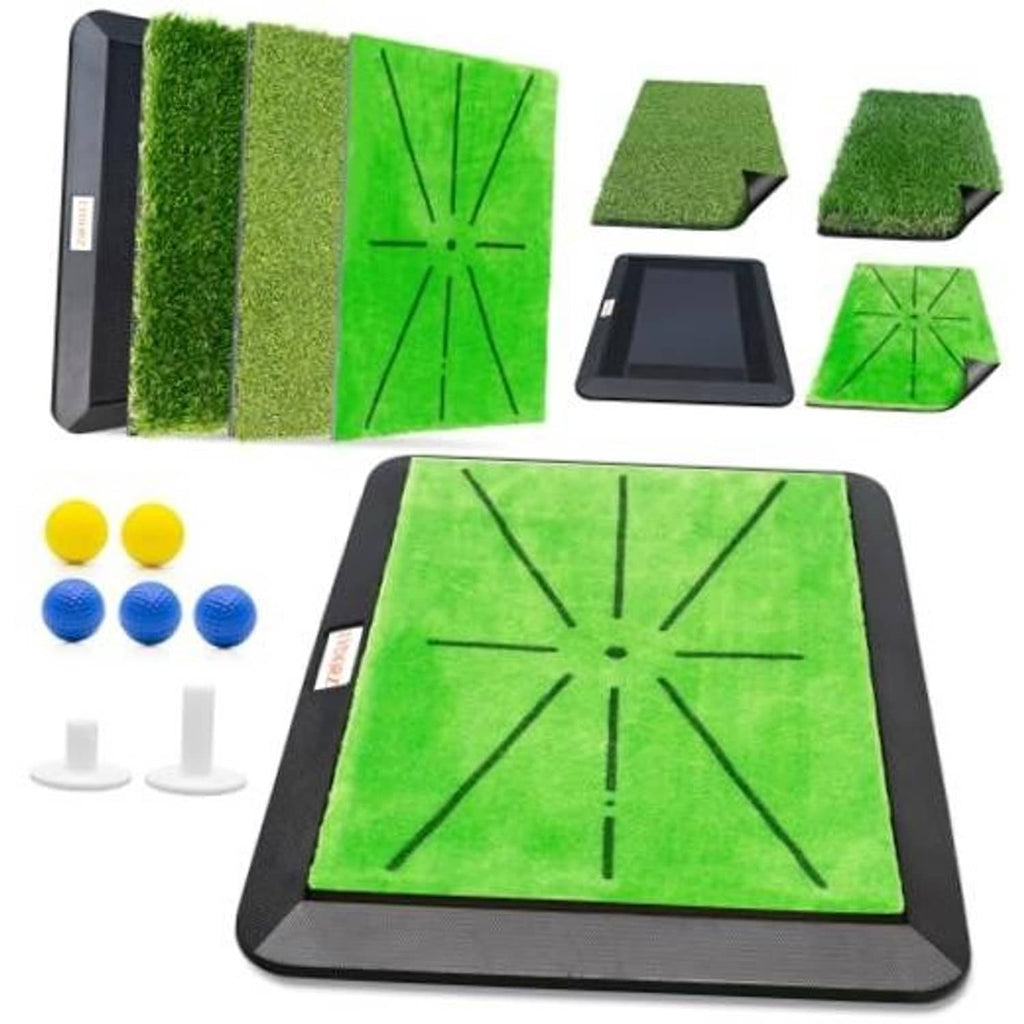 Golf practice swing mat set with green turf target grid on black base