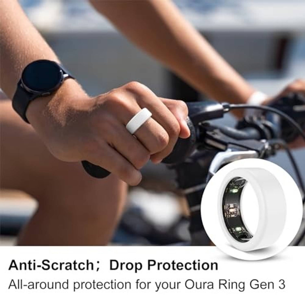 White silicone Oura ring protector case on hand