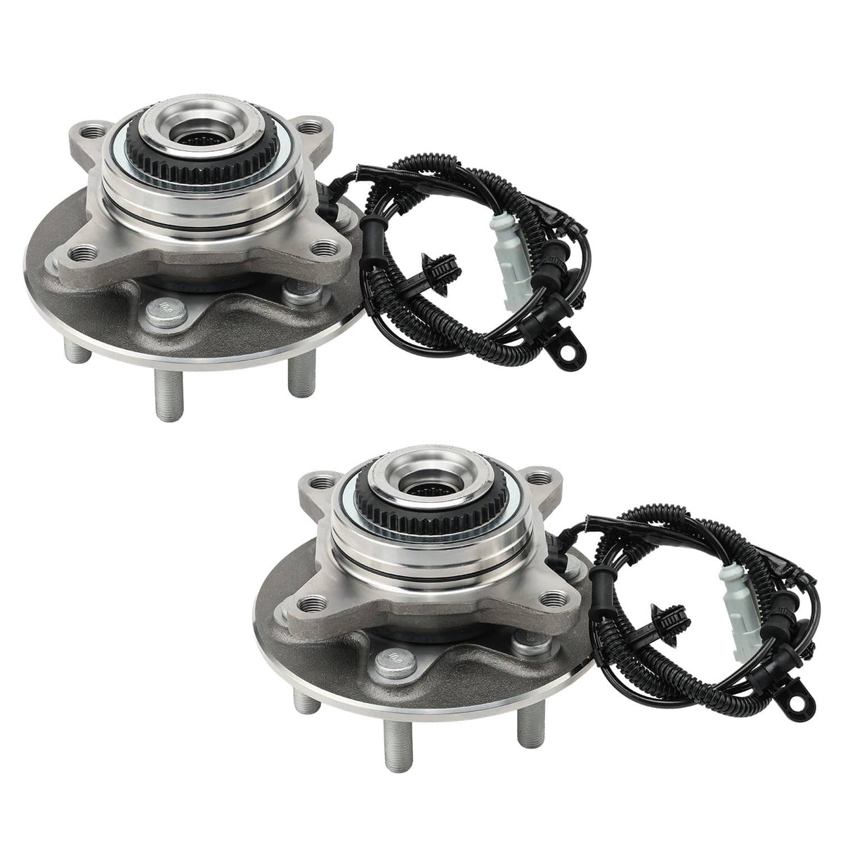 Front wheel hub assembly set: two hubs with ABS sensor wiring and mounting studs