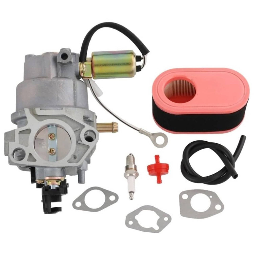 Carburetor kit with air filter, spark plug, fuel line, primer bulb, and gaskets