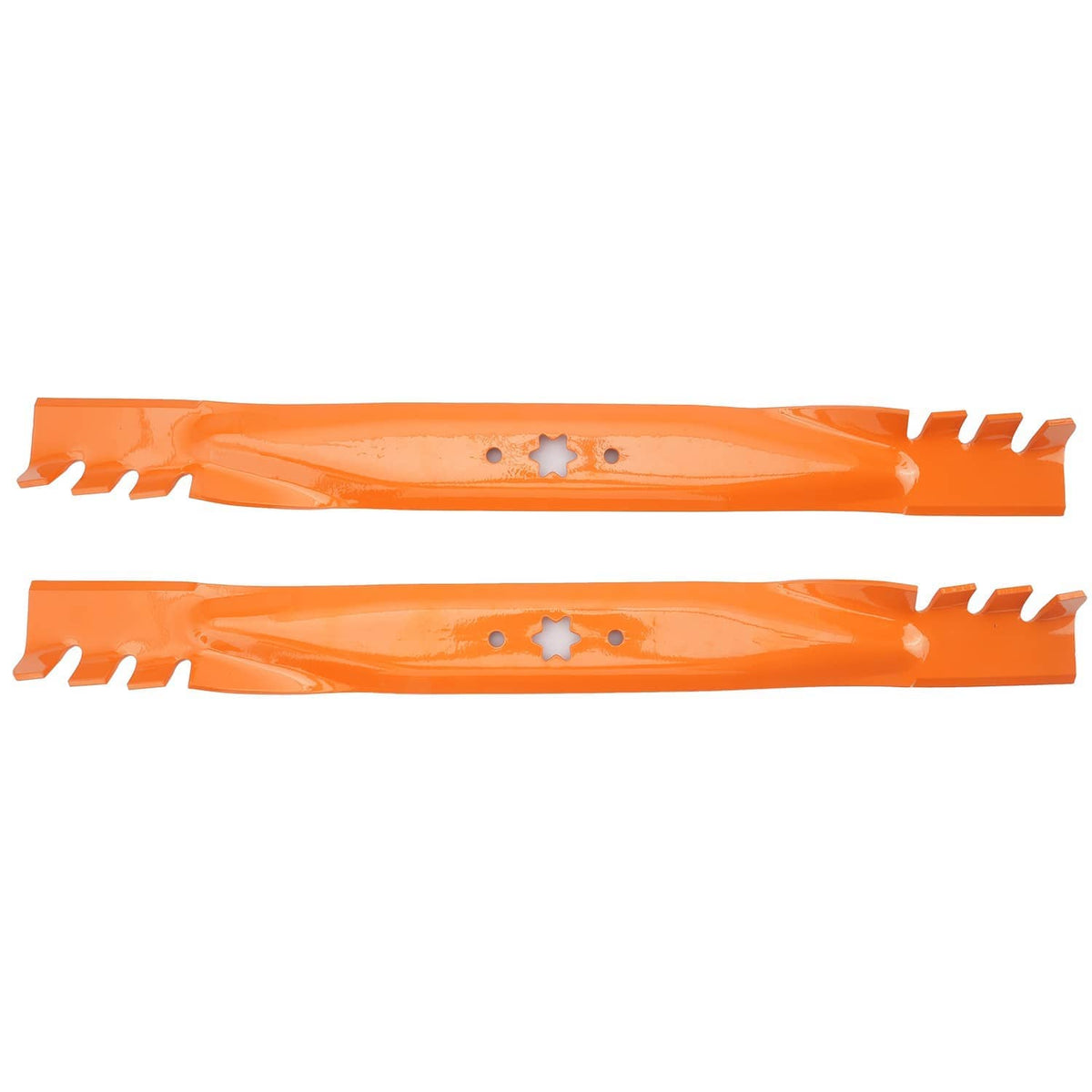 Pair of orange deck mower blades with star mount cutouts and serrated sides