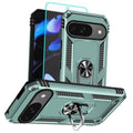 Dark green rugged phone case with kickstand ring and dual-layer protective edges
