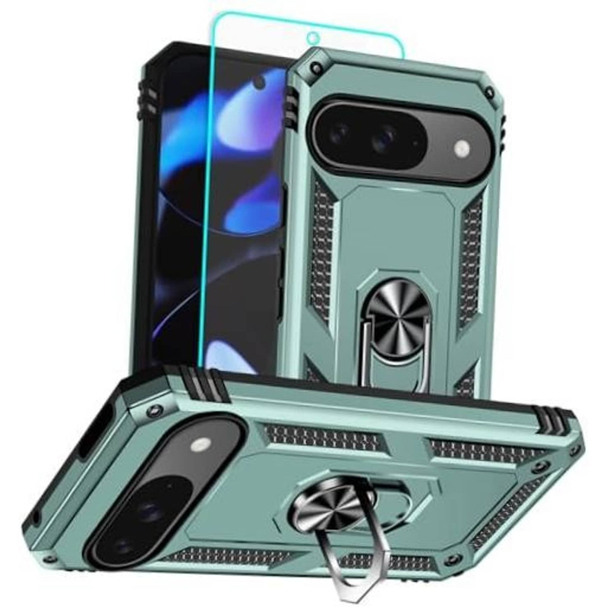Dark green rugged phone case with kickstand ring and dual-layer protective edges