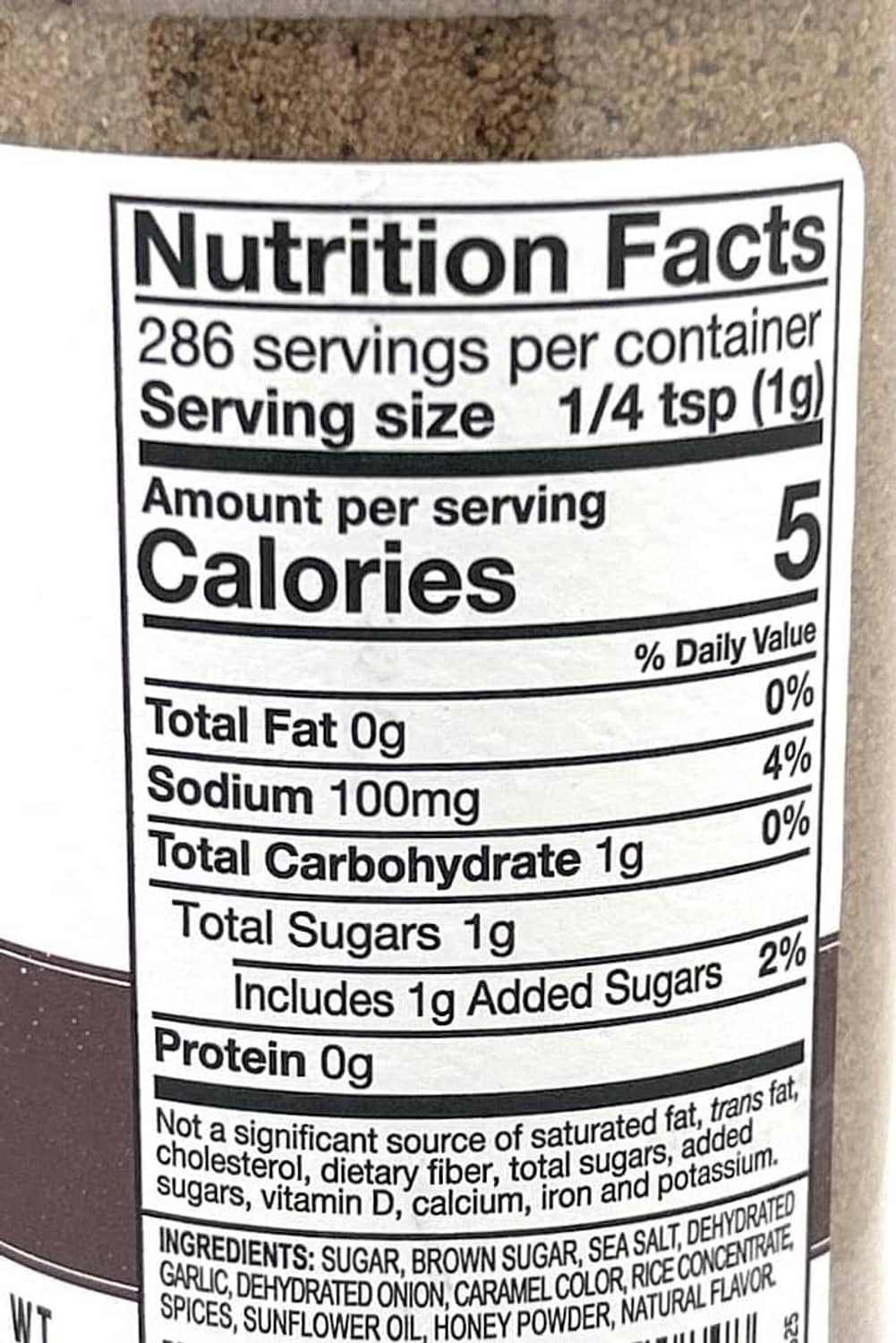 Nutrition Facts panel for Honey Brown Sugar seasoning, serving size 1/4 tsp