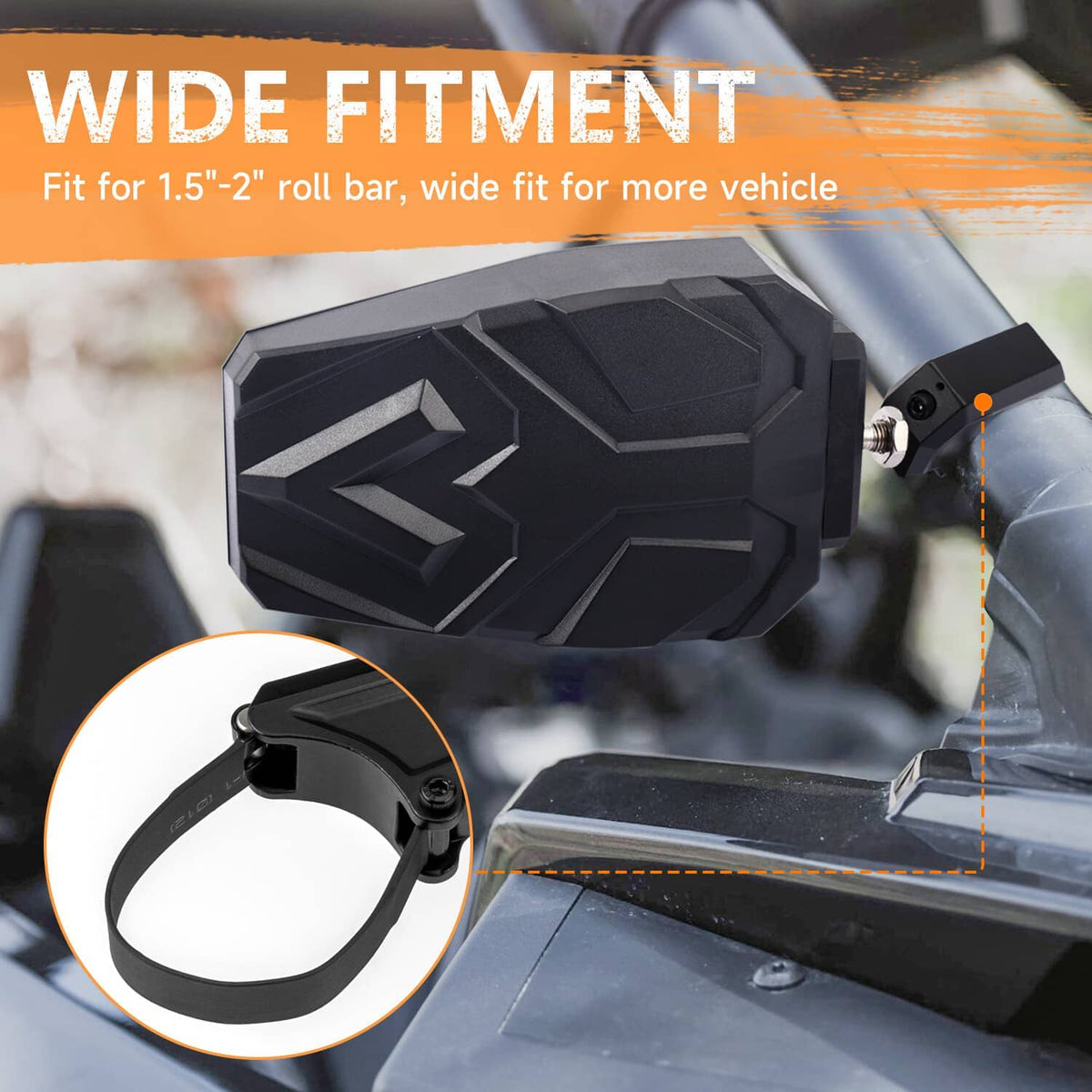 Black foldable UTV side mirror with strap-style clamp and adjustment hardware