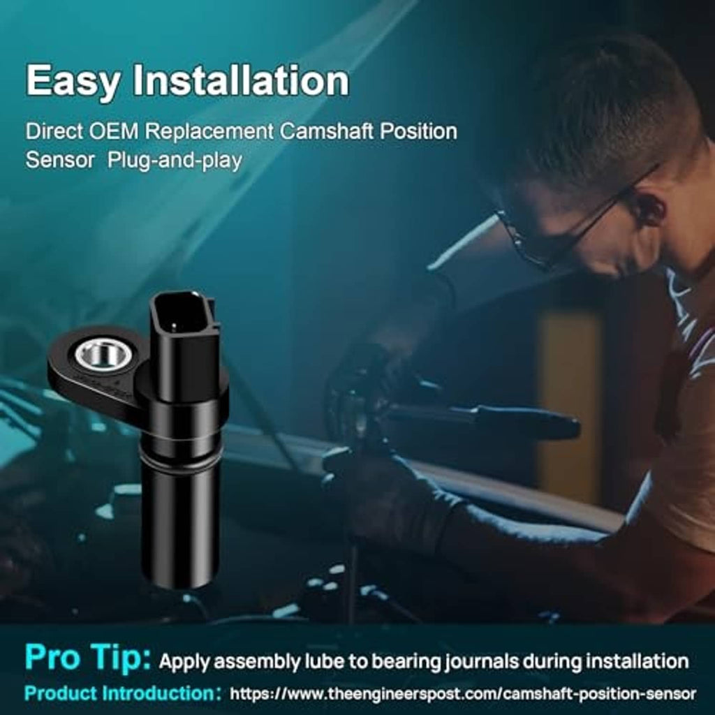 Camshaft position sensor installation graphic showing plug-and-play replacement