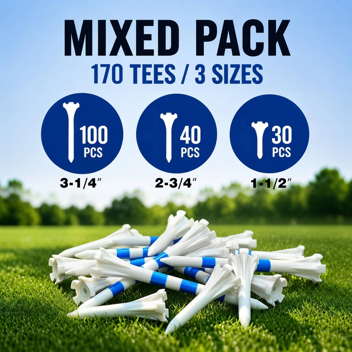 Mixed pack of white 5-prong plastic golf tees with blue striped shafts, 3 sizes