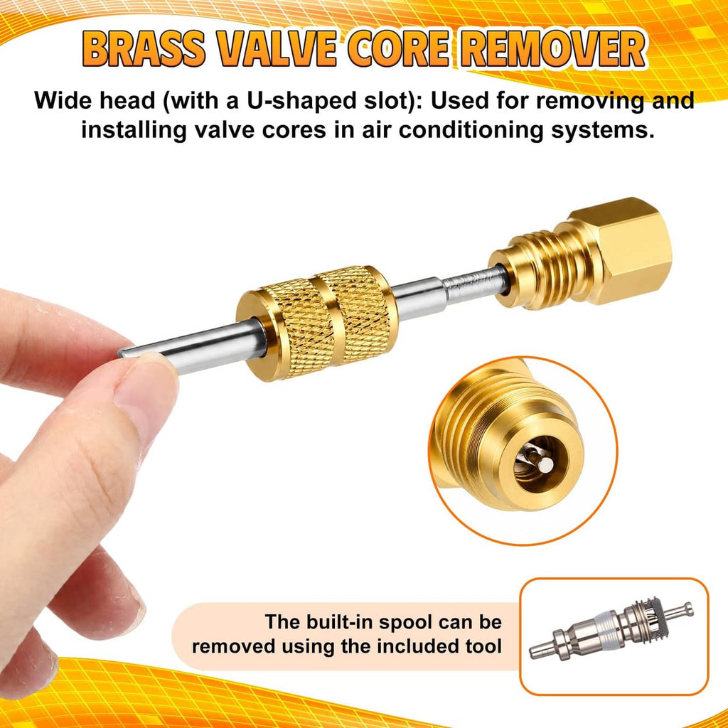 Brass valve core remover tool with U-shaped slot head for A/C systems