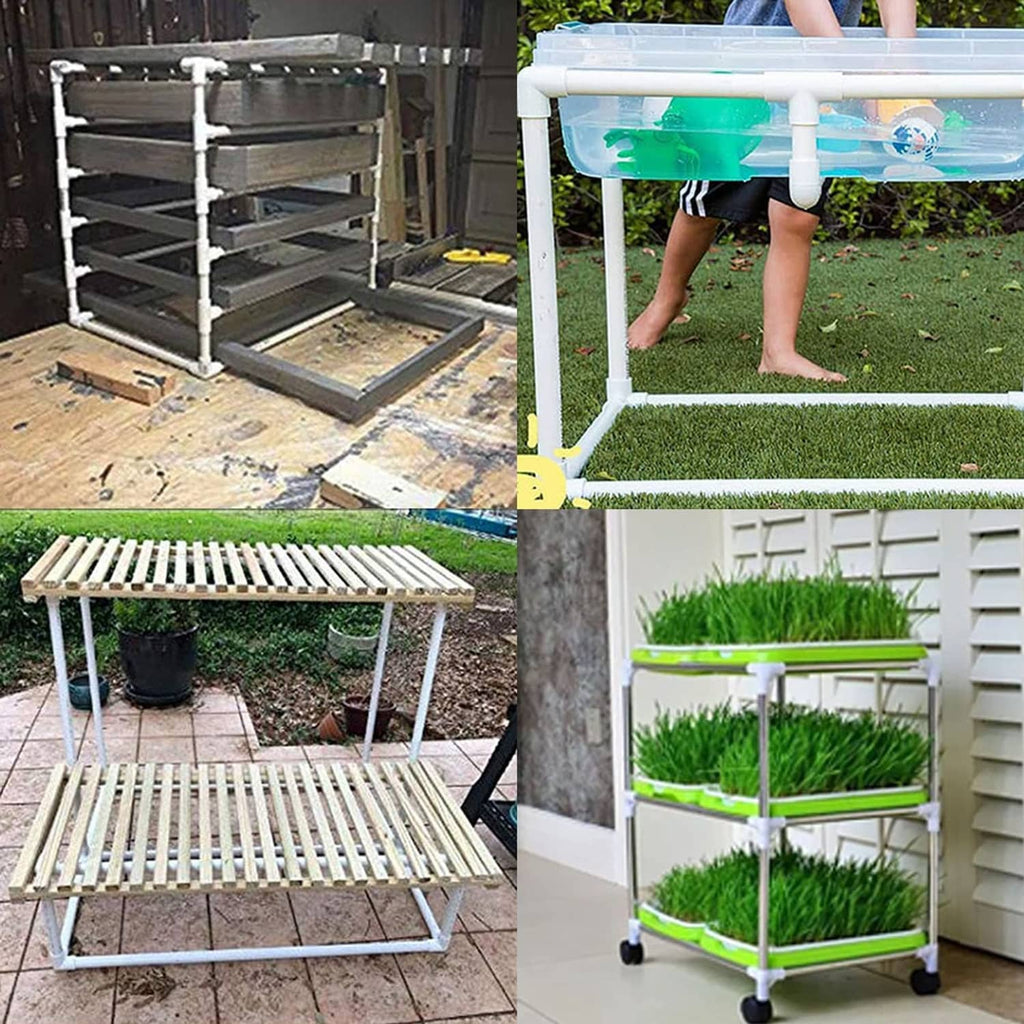 White PVC 4-way pipe fittings used in outdoor PVC rack and planter frames