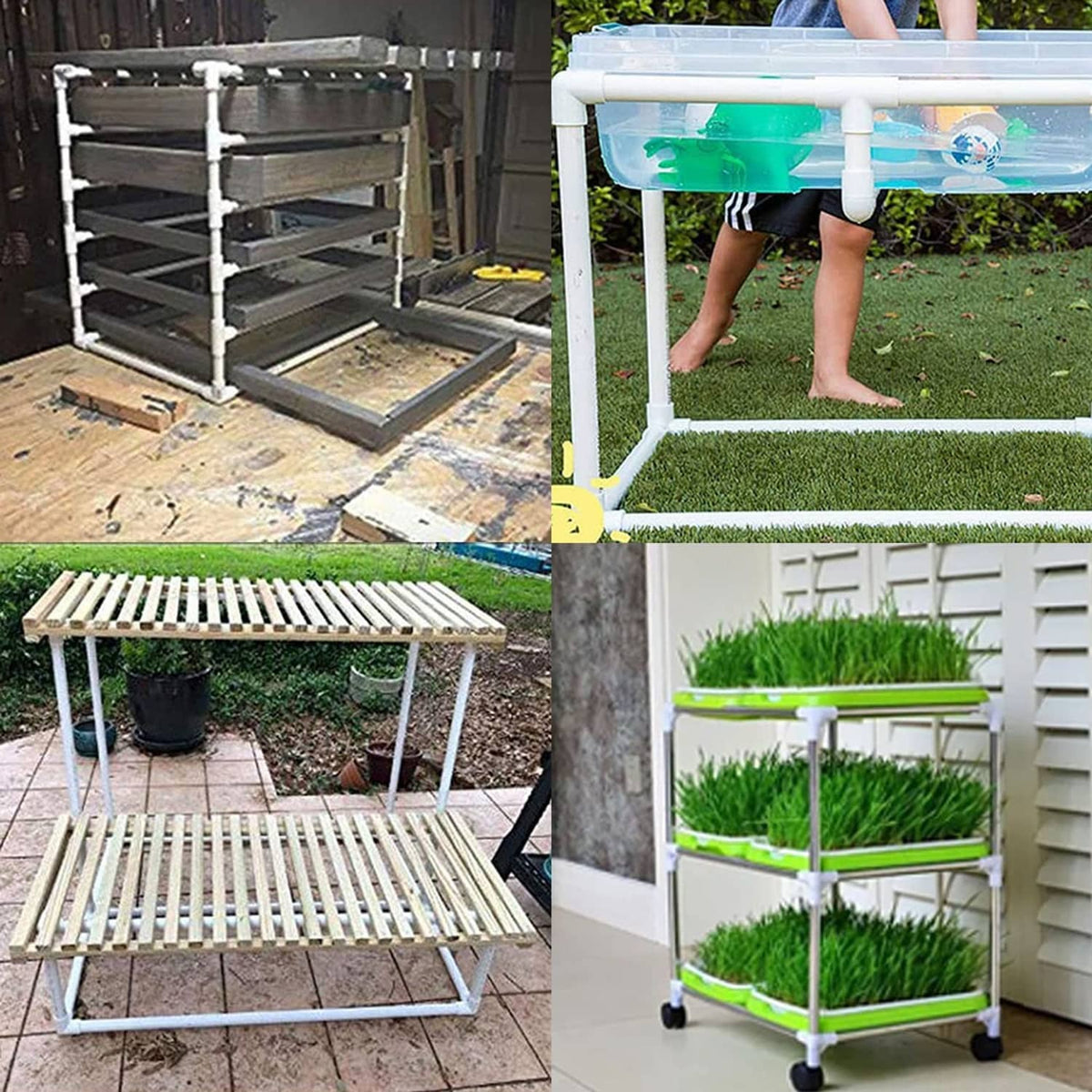 White PVC 4-way pipe fittings used in outdoor PVC rack and planter frames