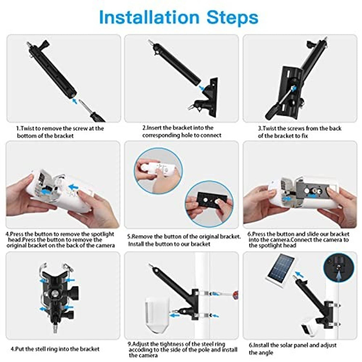 Installation steps for pole-mounted security camera bracket kit