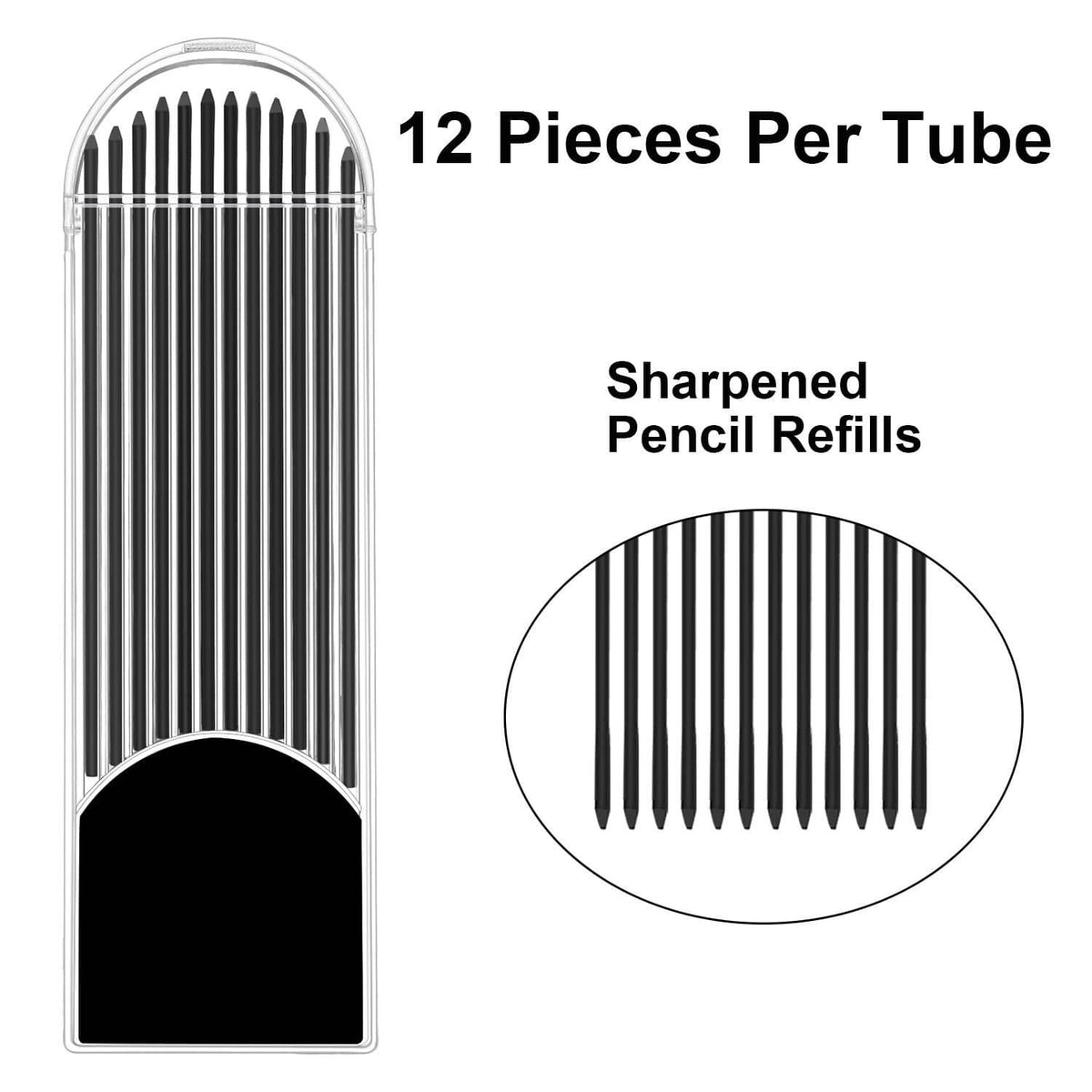 Refill case with 12 sharpened 2.0mm pencil lead refills, black lead tips