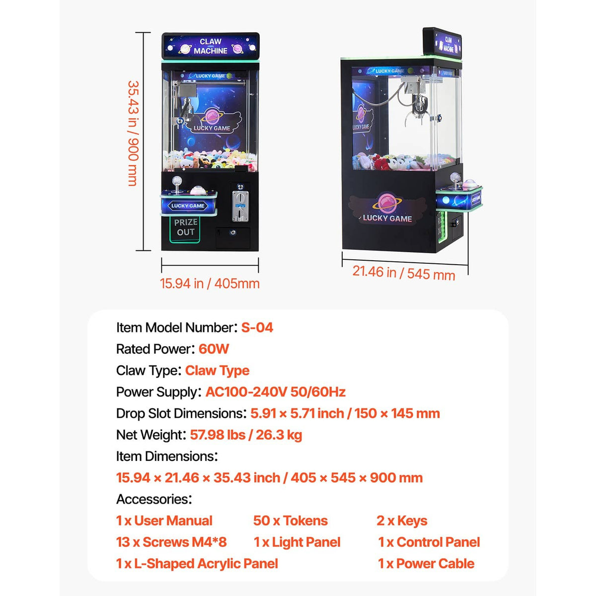 Claw crane machine technical diagram showing item model, power, and drop-slot size