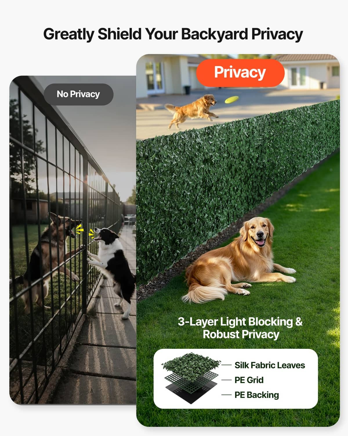 Artificial ivy privacy fence screen panel with dense green leaf coverage on mesh backing