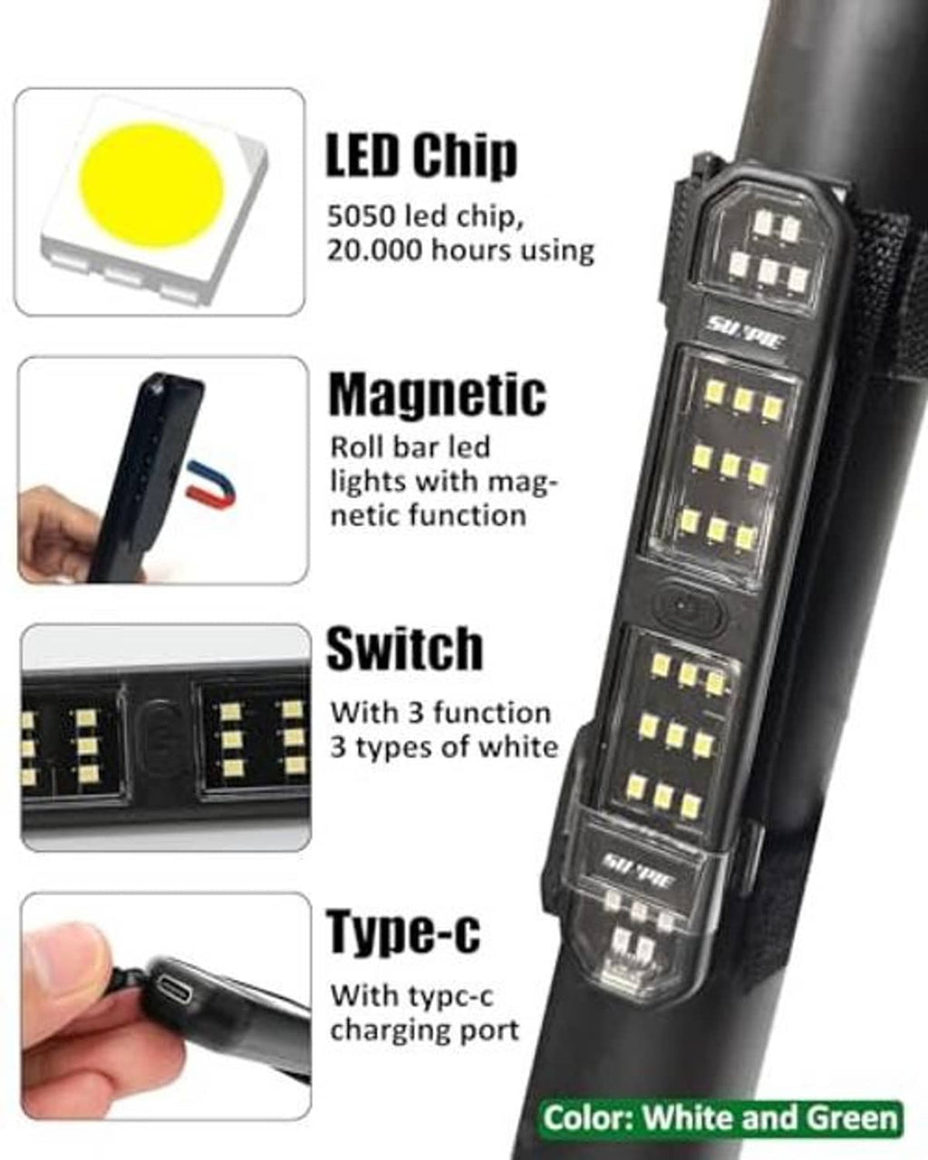 LED roll bar light with Type-C charging port and magnetic function, white and green