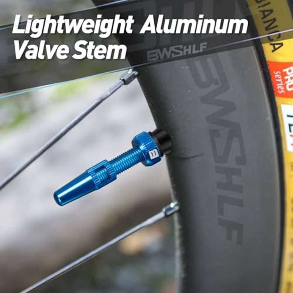 Presta aluminum valve stem installed in wheel rim near valve hole