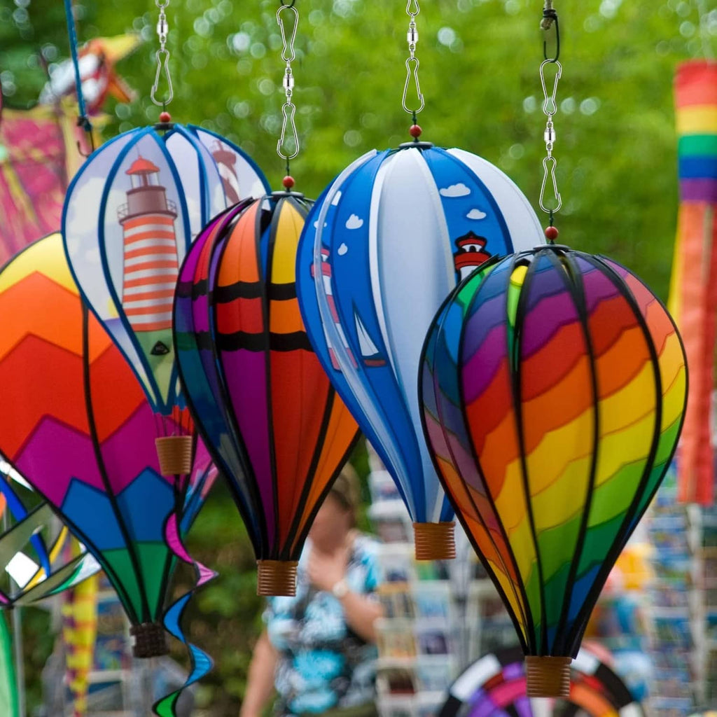 Outdoor balloon wind chime with silver swivel hanging hooks and metal chains